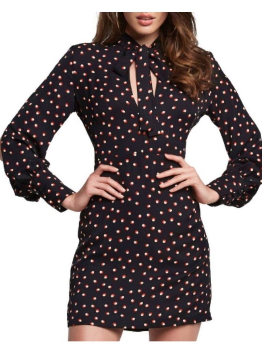 Bardot Black Long-Sleeve Polka Dot Tie-Neck Dress